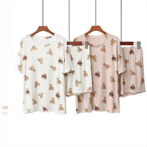 

womens summer pajamas thin modal cotton summer pajamas female cartoon bear printed short-sleeved loose home suit for women, Black;red