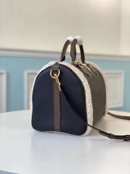 

m56966 speedy bandouliere 30 grained black leather canvas flowers embroidery applique motif padlock lady shoulder bag handbag bag travel bag