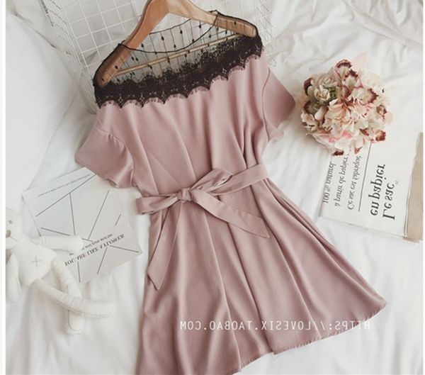 

lace stitching dress new loose one word collar off shoulder back was thin and covered belly plus size womens dress to send belt, Black;gray