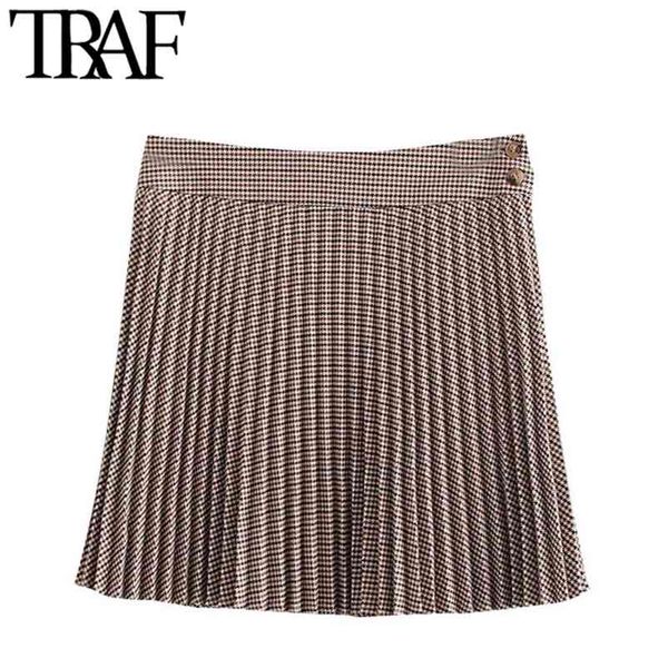 

women chic fashion with buttons houndstooth pleated mini skirt vintage high waist side zipper female skirts mujer 210507, Black