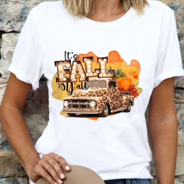 

women's t-shirt leopard printing fall autumn graphic t-shirts women halloween thanksgiving pumpkin truck cartoon t shirt tee print fema, White