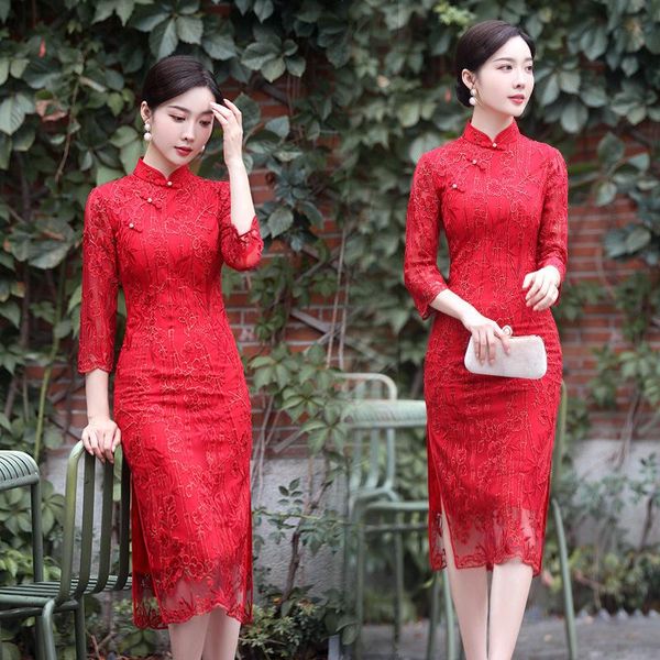 

ethnic clothing autumn and winter seven-minute sleeved cheongsam retro red makeup banquet long style slimming improved