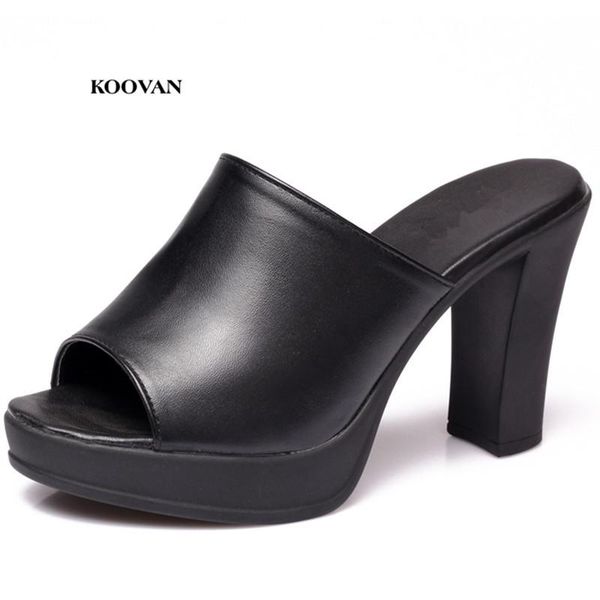 

koovan women's pu leather thick heel slippers 2021 female summer high-heeled flip-flops ladies sandals footwear shoes, Black