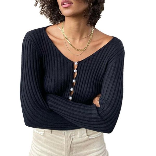 

women's t-shirt 2021 slim-fit women knit casual spring v-neck long sleeve pearl button knitted crop t-shirts solid color ladies clo, White