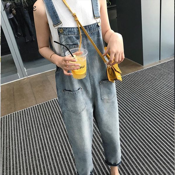 

overall denim vintage kawaii womens rompers harajuku korean style all match loose trousers pockets casual high quality, Black;white