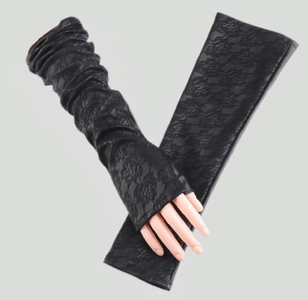 

five fingers gloves touch screen winter pu leather half finger long ladies mitts velvet lining autumn driving 40cm, Blue;gray