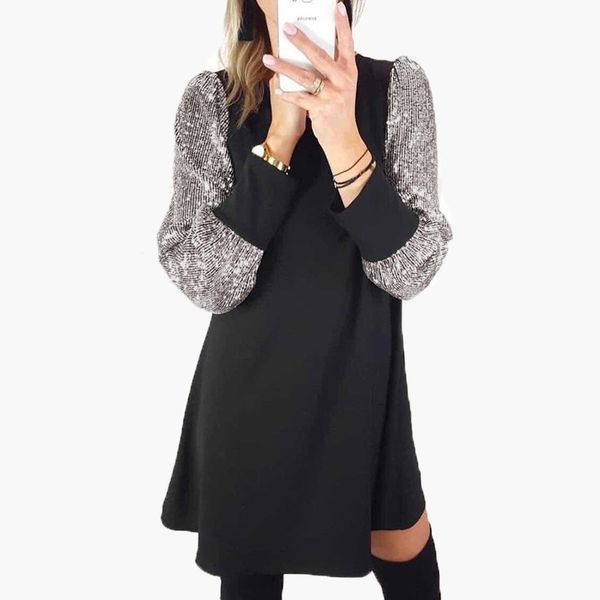 

women sequined patchwork long sleeve round neck dress autumn winter solid loose casual party a-line mini dresses vestidos 210416, Black;gray