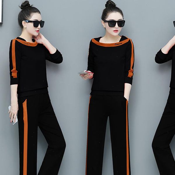 

black two piece women tracksuits set for outfits plus size sportsuits pant suit jogging pants female, Gray