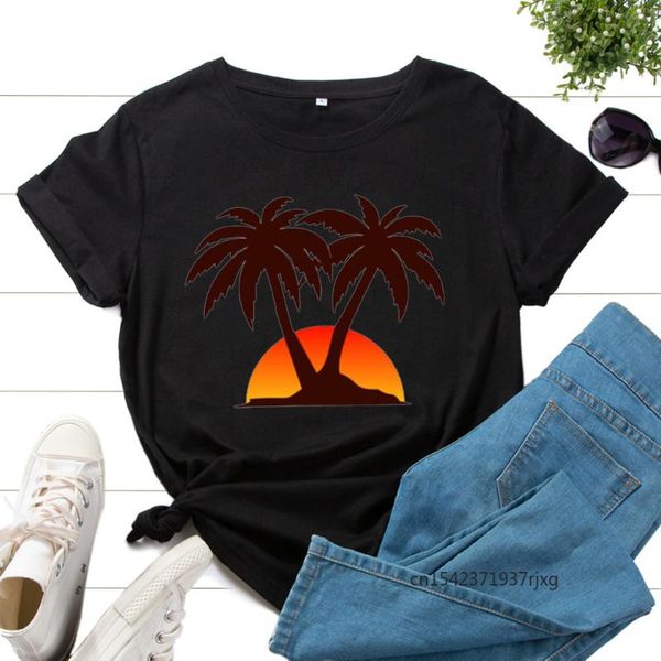 

women's t-shirt t-shirts for women graphic tees printed shirt short sleeve summer casual clothes coconut tree sunset beach surf top, White