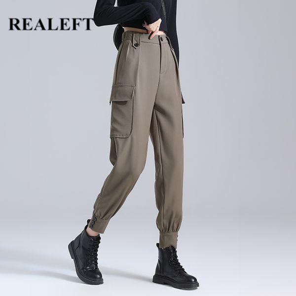 

women's trousers straight overalls casual harem pants korean elastic waist triangle buckle cargo women 210428, Black;white