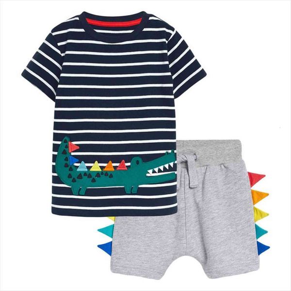 

summer toddler boy clothes casual knitted cotton crocodile print children set striped t shirt gray shorts 20719, White