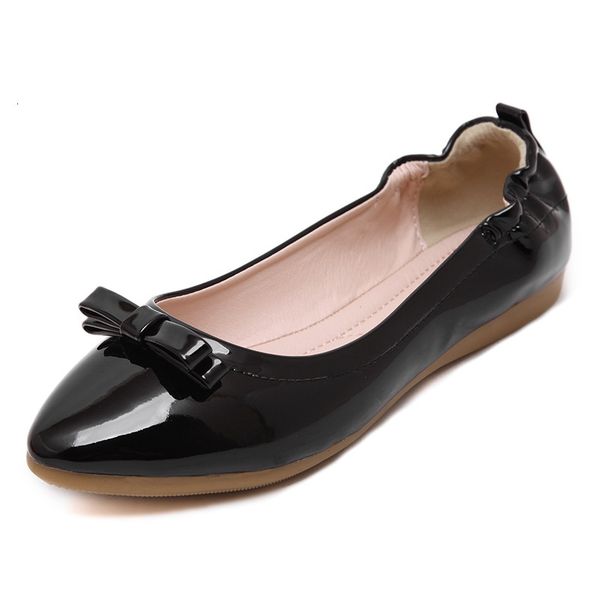 

dress shoes paten leather flat women pointed toe soft ballet ladies bow designer rubber sole casual flats shoes, Black