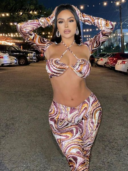 

women's two piece pants dulzura tie dye print women velvet 3 pieces long sleeve shirt halter crop flare set streetwear party tracksuit, White