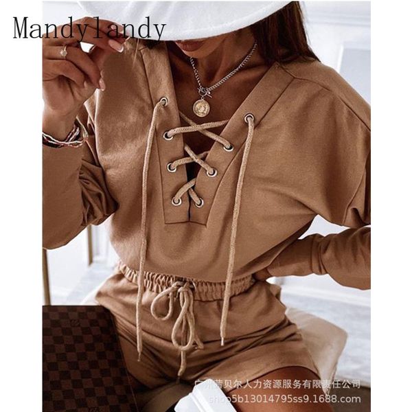 

women's tracksuits mandylandy women autumn tracksuit lady sport long sleeve bandage sweatshirt + drawstring waist straight shorts two p, Gray