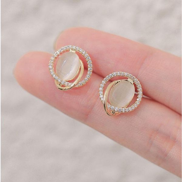 

stud s925 silver needle earrings imitation opal diamond round, Golden;silver