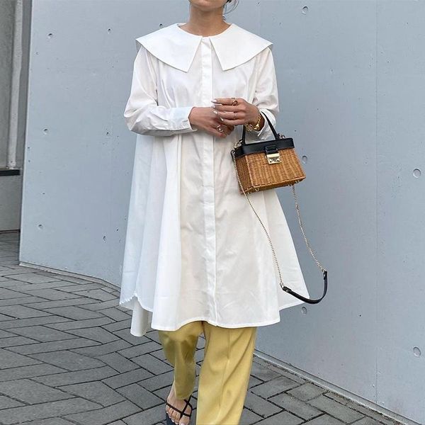 

women's blouses & shirts women lapel full sleeve blouse oversized solid long shirt spring casual work ol female fashion plain tu, White