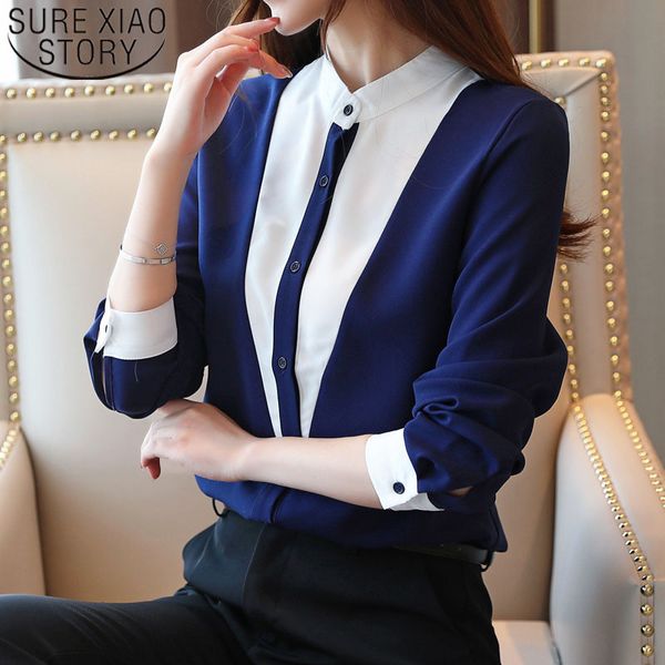 

office ladies shirts fashion chiffon blouses long sleeve stand collar casual slim women clothing 6378 50 210415, White