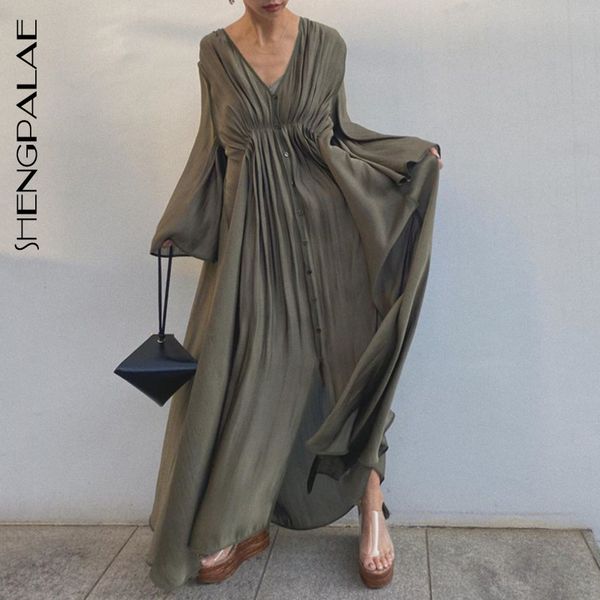 

casual dresses women long sleeve spring summer v neck a-line high waist pleated maxi office ladies ag8r, Black;gray