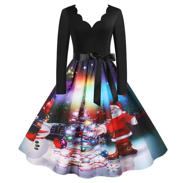 

casual dresses christmas large swing party dress women long sleeve v neck elegant vintage print xmas year prom sundress autumn winter s-3xl, Black;gray