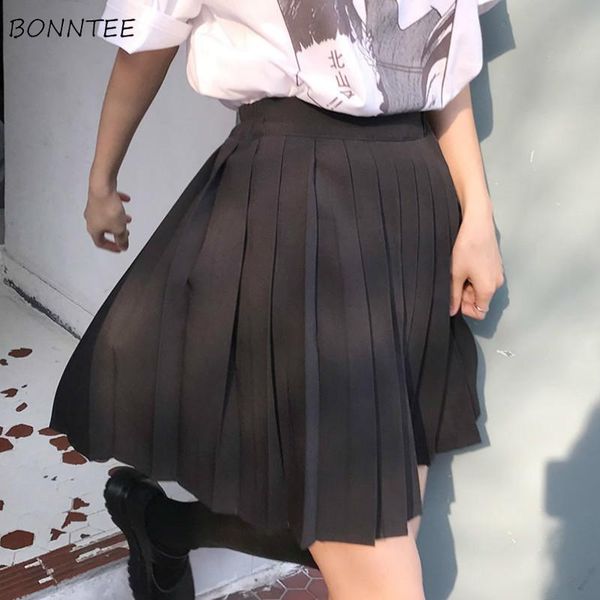 

pleated skirts women summer high waist students lovely preppy lolita style college womens solid plus size 5xl ulzzang fashion, Black