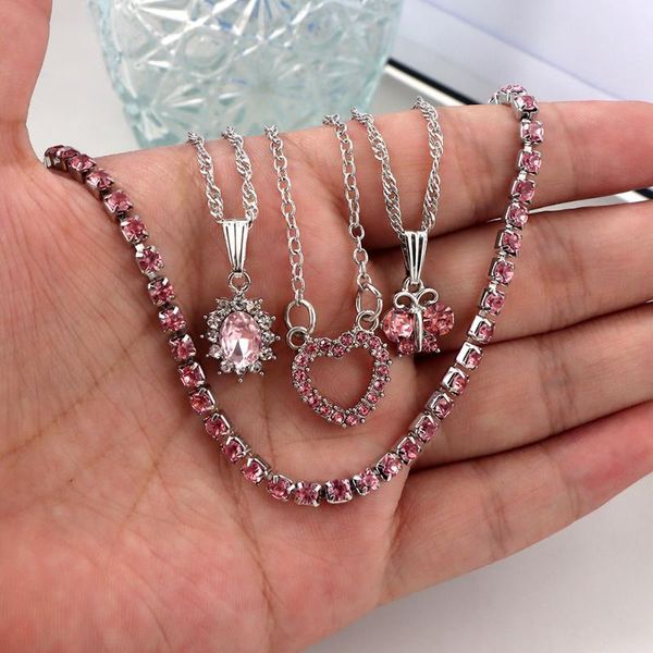 

chains multi-layer pink butterfly rhinestone choker necklaces for women hollow heart silver color crystal tennis chain necklace jewelry