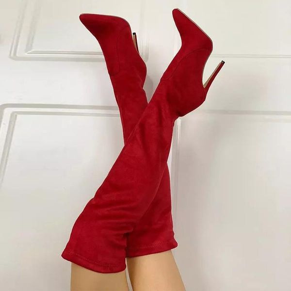 

boots fashion long women suede pointed toe over the knee thin high heels shoes 2021 autumn winter red boot, Black