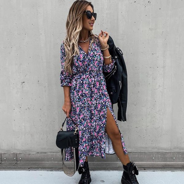 

casual dresses autumn long floral print dress robe for women 2021 sleeve split female boho elegant maxi party vestidos spring, Black;gray