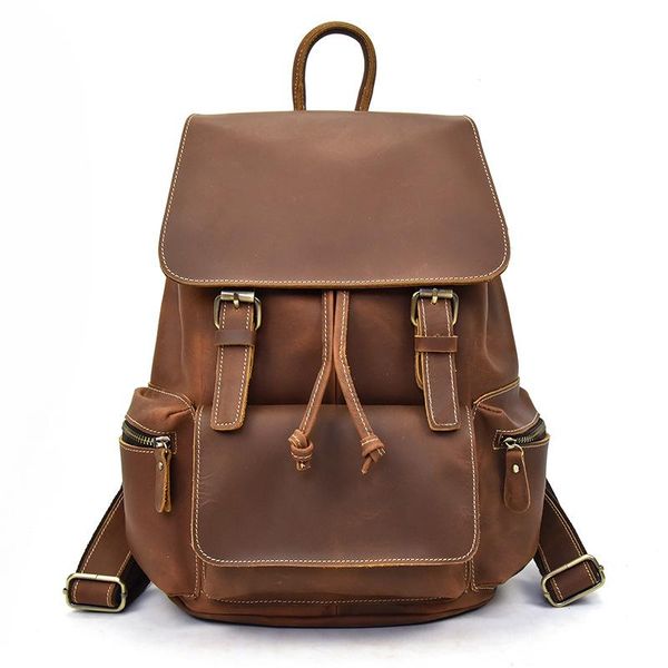

backpack dropship vintage cow leather backpacks for teenagers large capacity strings daypacks 14" lapstudent rucksacks