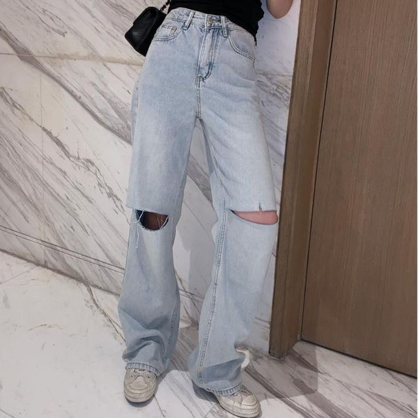 

women's jeans [ewq] 2021 autumn loose fashionable high waist ripped wide-leg denim pants hole bottoms casual laides trousers, Blue