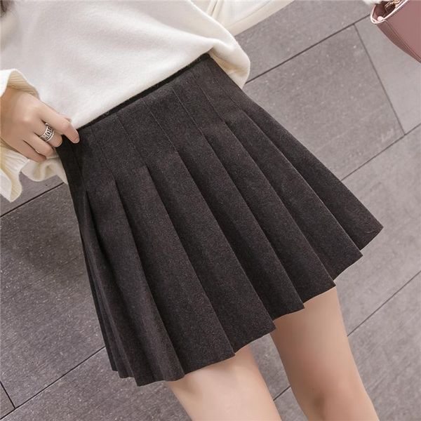 

skirts autumn winter woolen high waist a-line pleated mini skirt korean preppy style women gray/black