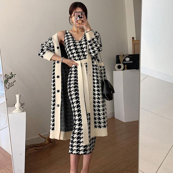

casual dresses high street houndstooth knit dress women elegant lace-up mid-length cardigan jacket & sleeveless 2-piece set, Black;gray