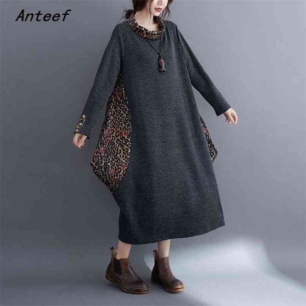 

long sleeve plus size cotton vintage leopard for women casual loose autumn winter dress elegant clothes ladies dresses 210517, Black;gray