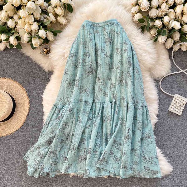 

dresses women korean print elegant fashion high waist ruffles a-line skirts summer bohemian vacation beach midi skirt, Black;gray