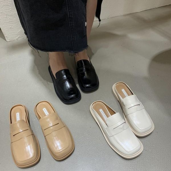 

slippers loafers shoes woman 2021 cover toe casual low platform female mule pantofle luxury mules rome basic pu rubber hoof, Black