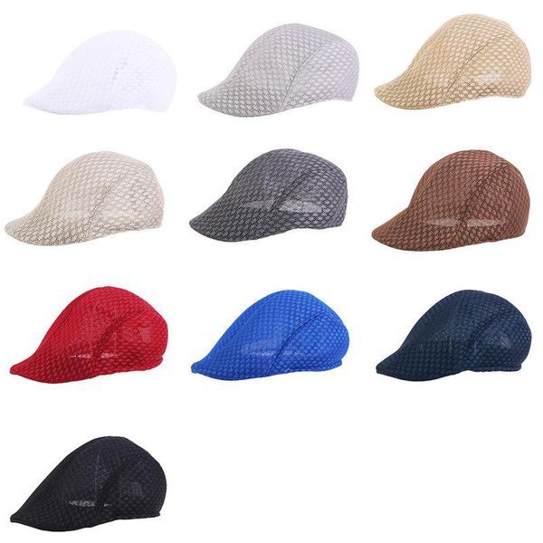 

berets men's flat caps cotton mesh breathable male vintage elastic driver hat british style classic sboy, Blue;gray