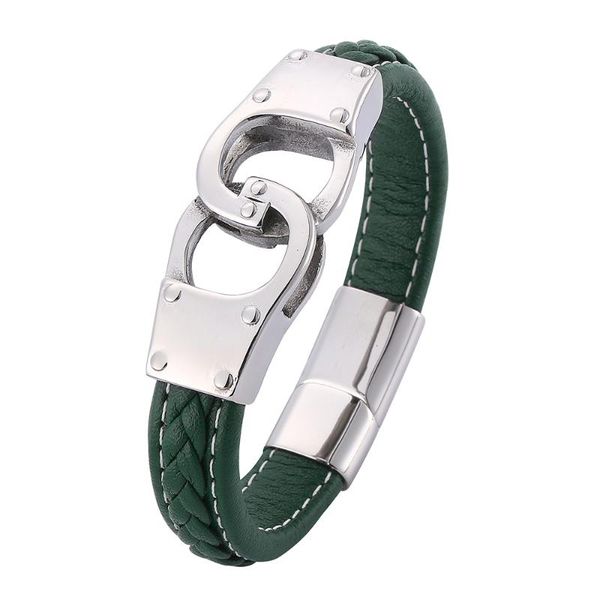 

men bangles green braided leather bracelet handcuffs stainless steel magnetic clasp punk jewelry wristband gifts bb0741 charm bracelets, Golden;silver