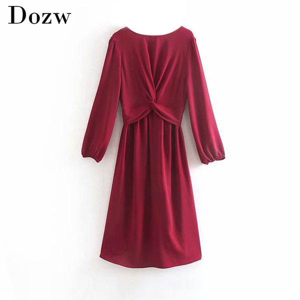 Elegante vestido sólido para mujer moda Chi frente anudado Midi Casual señoras manga larga plisado A-line vestido femenino Vestidos 210414