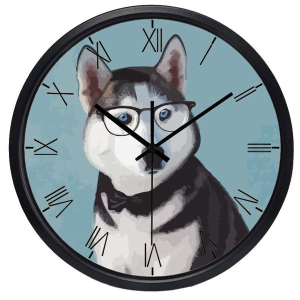 

wall clocks husky glass dog men women clock rome retro creative home office watch