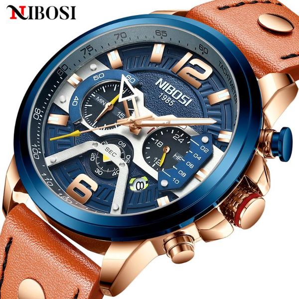 

wristwatches nibosi 2021 fashion leather quartz men watches waterproof chronograph sport mens wrist watch relogio masculino, Slivery;brown