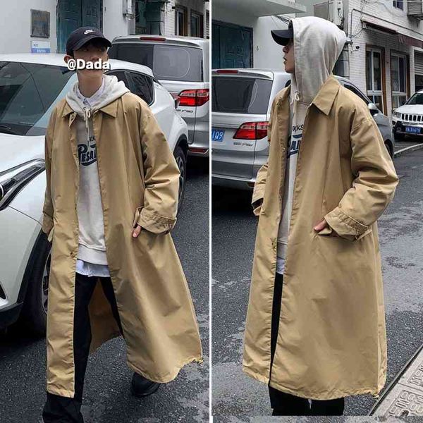 

men's trench coats spring fashion retro casual long men streetwear korean loose oversize windbreaker jacket mens overcoat ydnc, Tan;black