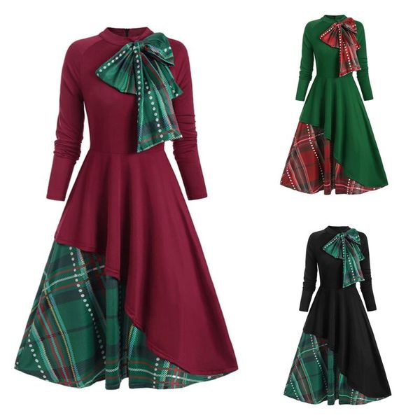 

casual dresses women plaid bowknot dress winter autumn long-sleeved round neck stitching big swing 2021 christmas party vestidos, Black;gray