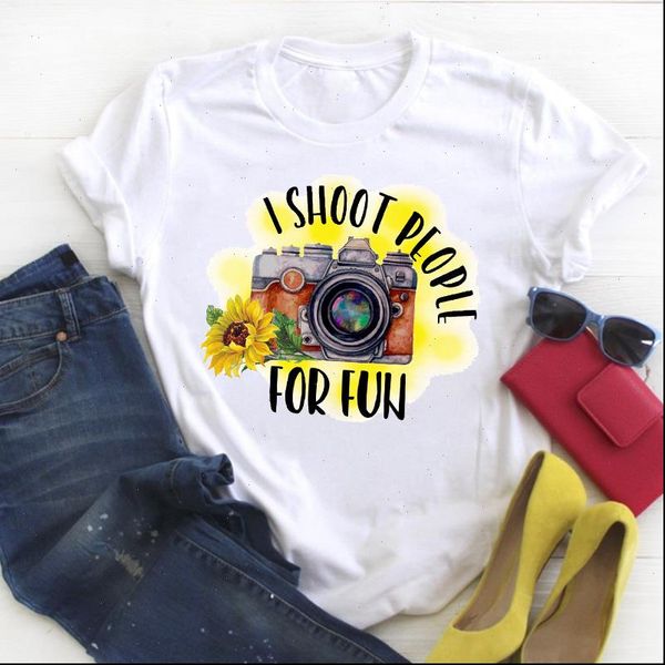 

women sunflower t shirt camera vintage short sleeve print summer female womens tee ladies clothes graphic, White