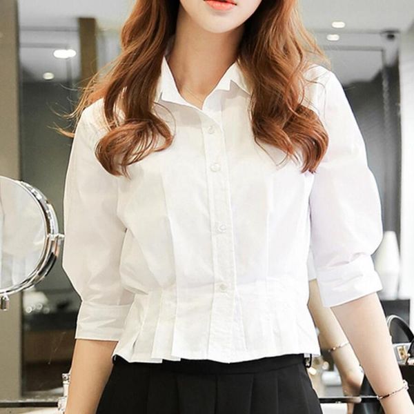 

women's blouses & shirts cotton short blouse womens brand fashion design three quarter sleeve shirring crop ladies high waist slim pur, White