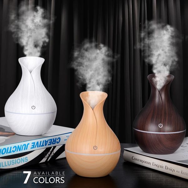 Diffusor für ätherische Öle, 130 ml, Holz-Luftbefeuchter, Holzmaserung, Vase, Aroma-Luftbefeuchter, Kühlnebel-Luftbefeuchter mit Timer, einstellbarer Nebel, 7 Stile