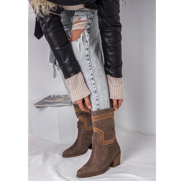 

boots tan color pu suede leather season 2021 winter autmn fashion stylish embroidered western lady women female, Black