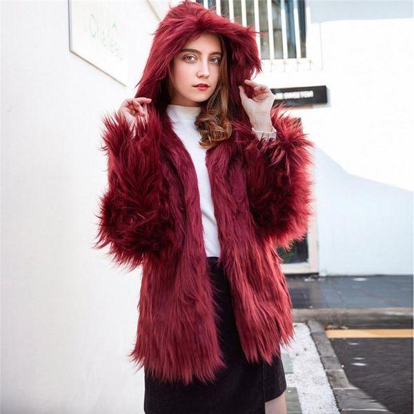 

women's fur & faux 2021 hooded plush warm long sleeve autumn and winter coat, Black
