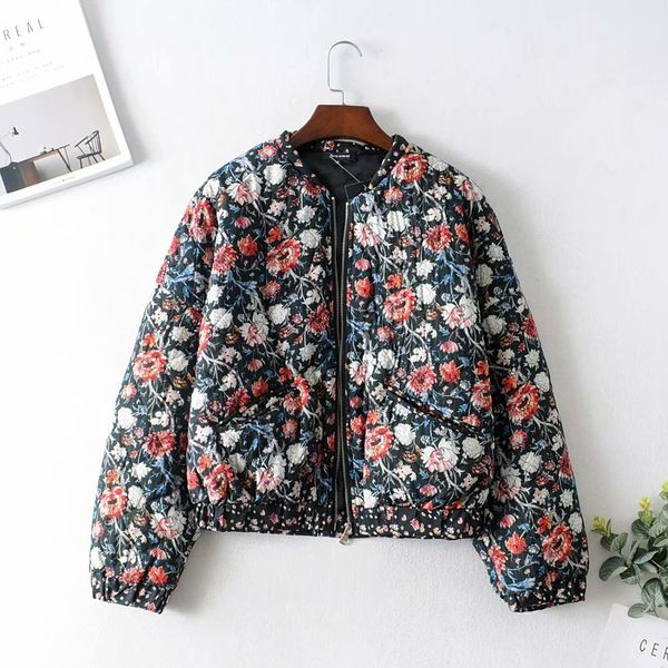 

vintage chic women floral print parkas fashion autumn female bomber jacket zipper stand collar casual outerwear streetwear 210520, Black
