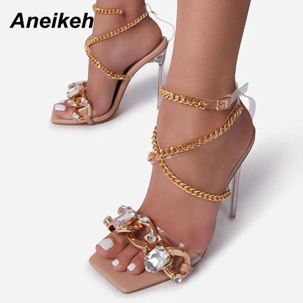 

dress shoes aneikeh fashion crystal metal decoratio women's patchwork pvc 2021 summer chain square toe high heels wedding sandals, Black