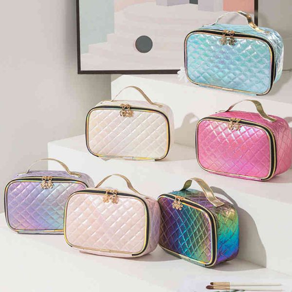 

cosmetic bags portable pu diamond lattice bag magic laser wash women's storage