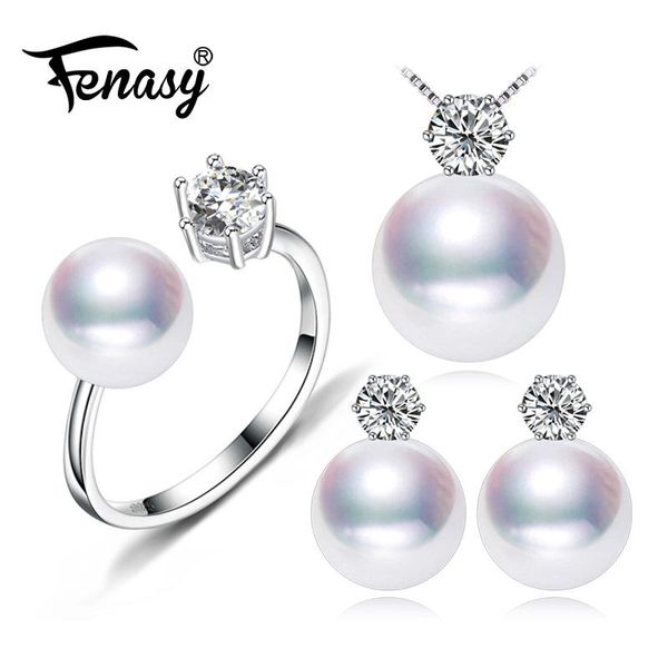 

bracelet, earrings & necklace fenasy pearl jewelry fashion wedding engagement sets natural pendant women stud crown ring 8-9mm, Black